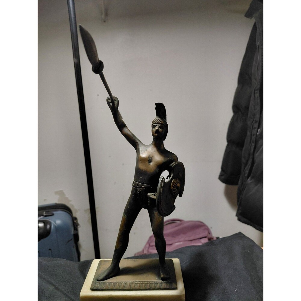 Bronze Roman Soldier Statue With Long Spear Marble Base